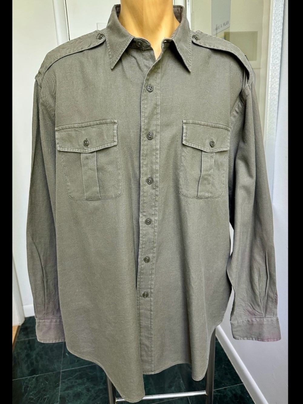 VINTAGE 1990s POLO RALPH LAUREN COTTON KHAKI SAFARI MILITARY SHIRT EPAULETS XL